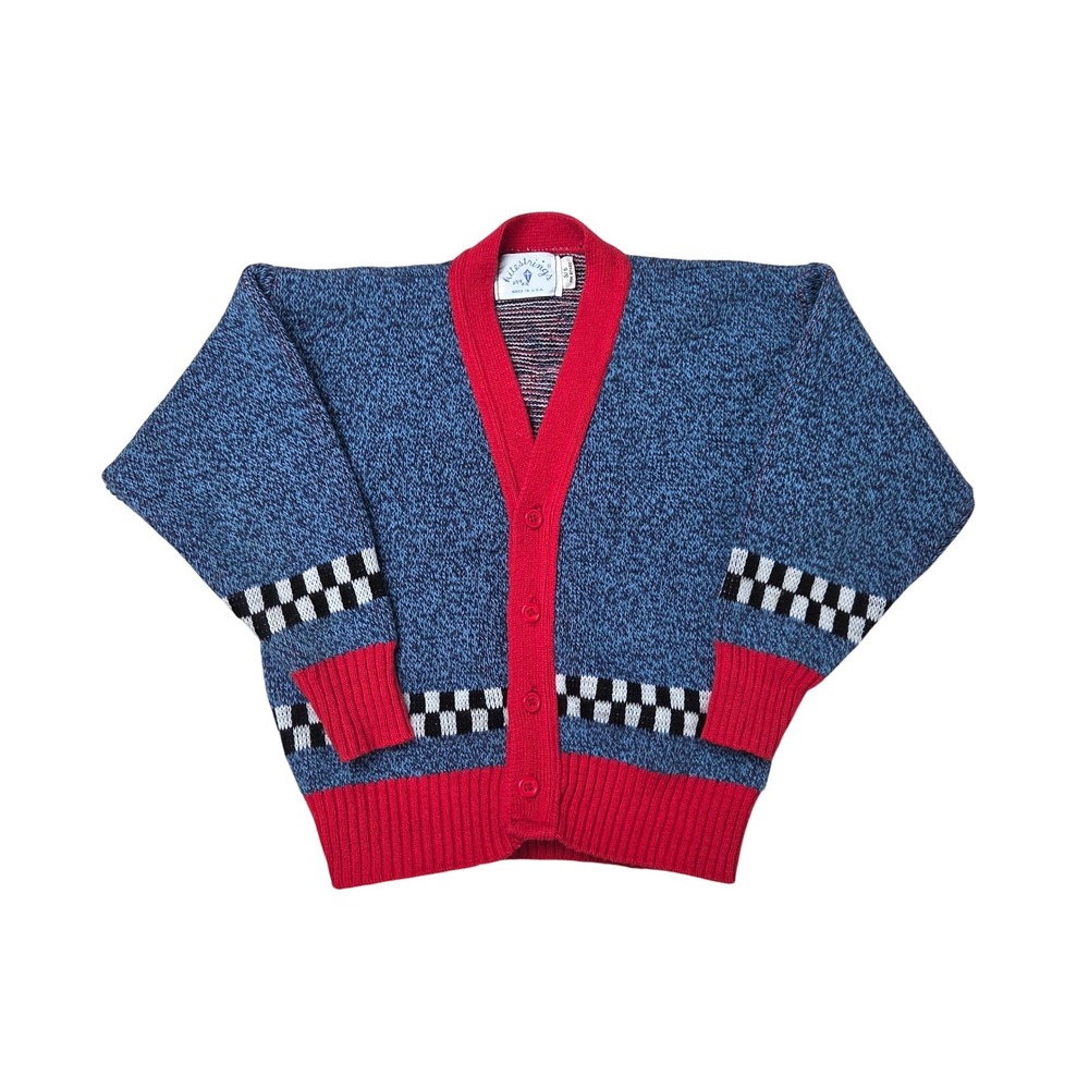 Vintage Kitestrings Boys Blue Red Checkered Novelty Dog Cardigan Sweater Sz 5/6
